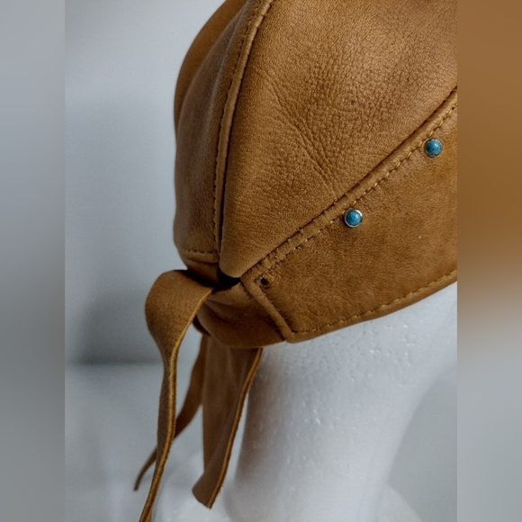 Brown Leather Biker Motorcycle Leather Bandanna Hat Skull Cap w/ Turquoise Studs - Picture 3 of 6
